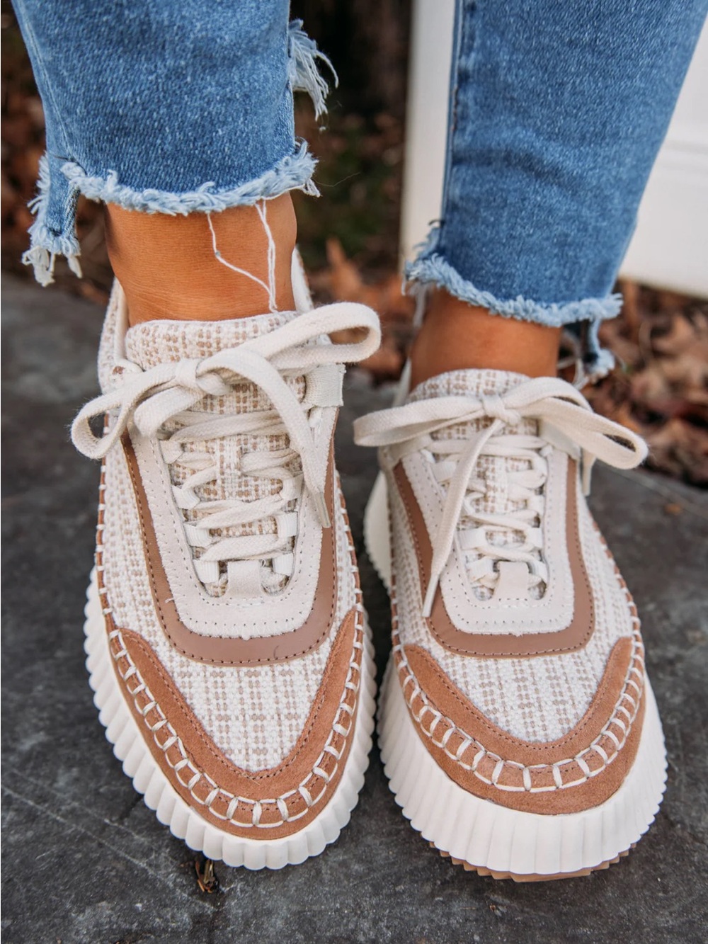 Dolce Vita Cream and Brown Lace-Up Platform Sneakers